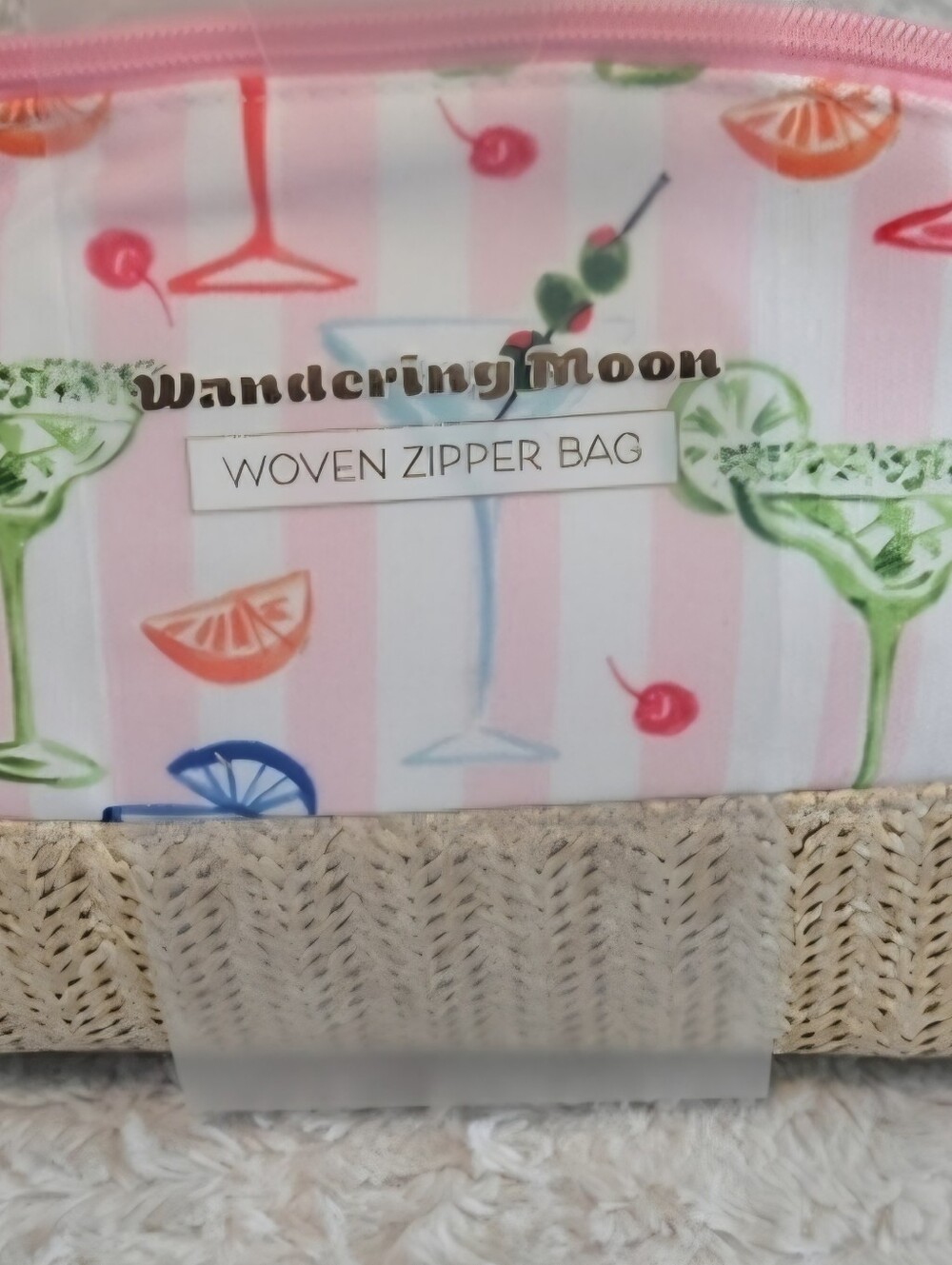 Wandering Moon NWT Pink Cocktail Print Woven Zipper Cosmetic Bag
